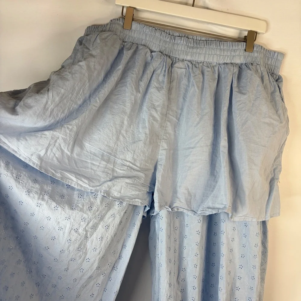 Scoop Eyelet Pants Women XXL 20 Light Blue Cotton Balloon Drawstring Boho
